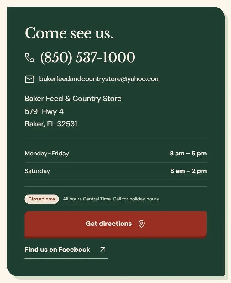 The contact page on the website. Each detail comes from Store info.