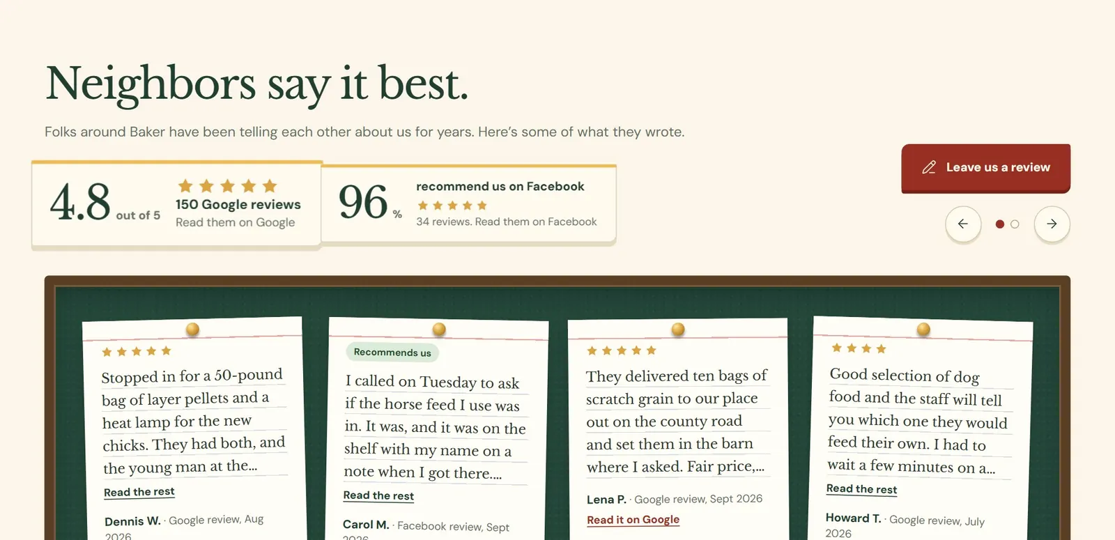 The reviews section on the home page of the website.