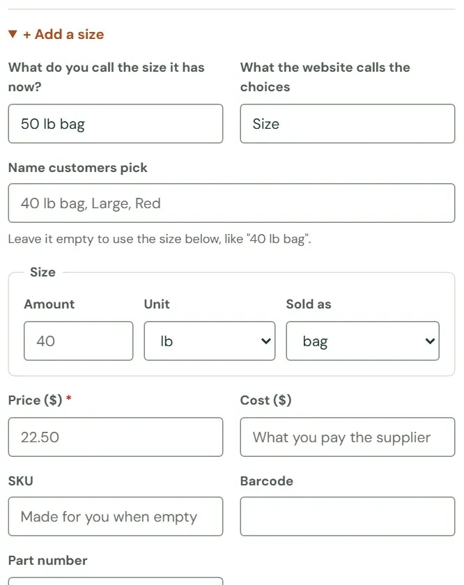 The Add a size form on a product that has one size so far.