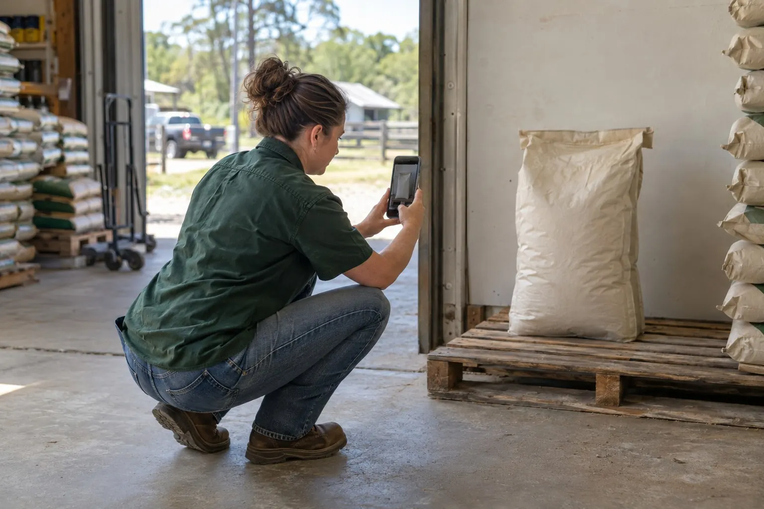 Daylight at the feed room door makes a clean bag photo.