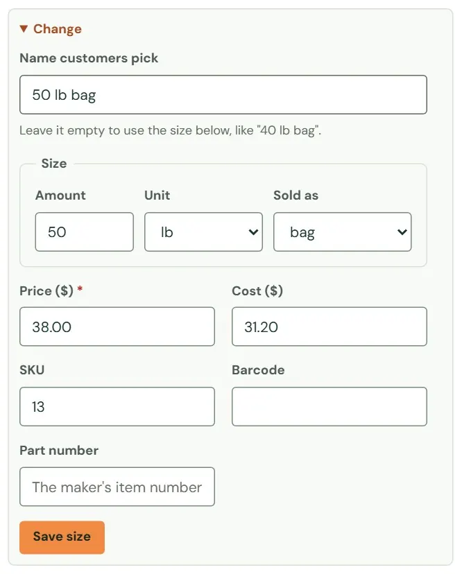 The Change form for the 50 lb bag.