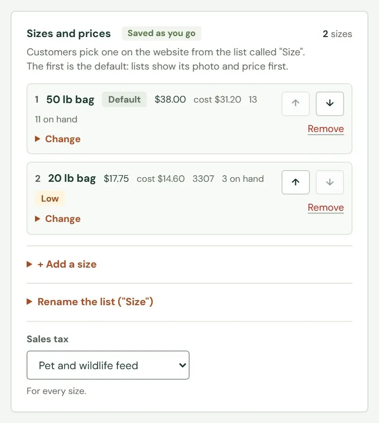 Sizes and prices for ShowTime 27/20, which comes in two sizes.