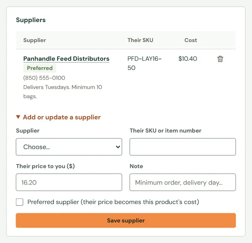 The Suppliers card for 16% Layer Pellets, with the form open.