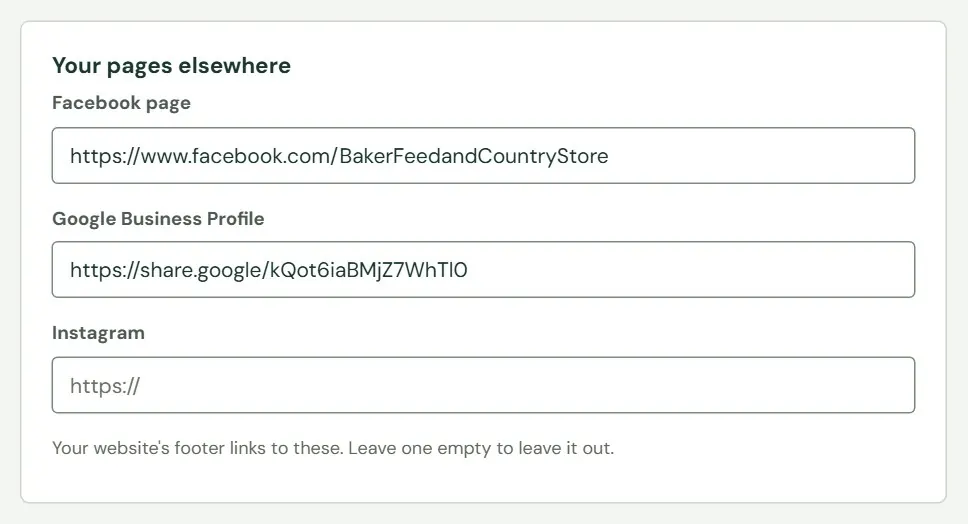 The Your pages elsewhere card. Two links are filled in and Instagram is left empty.