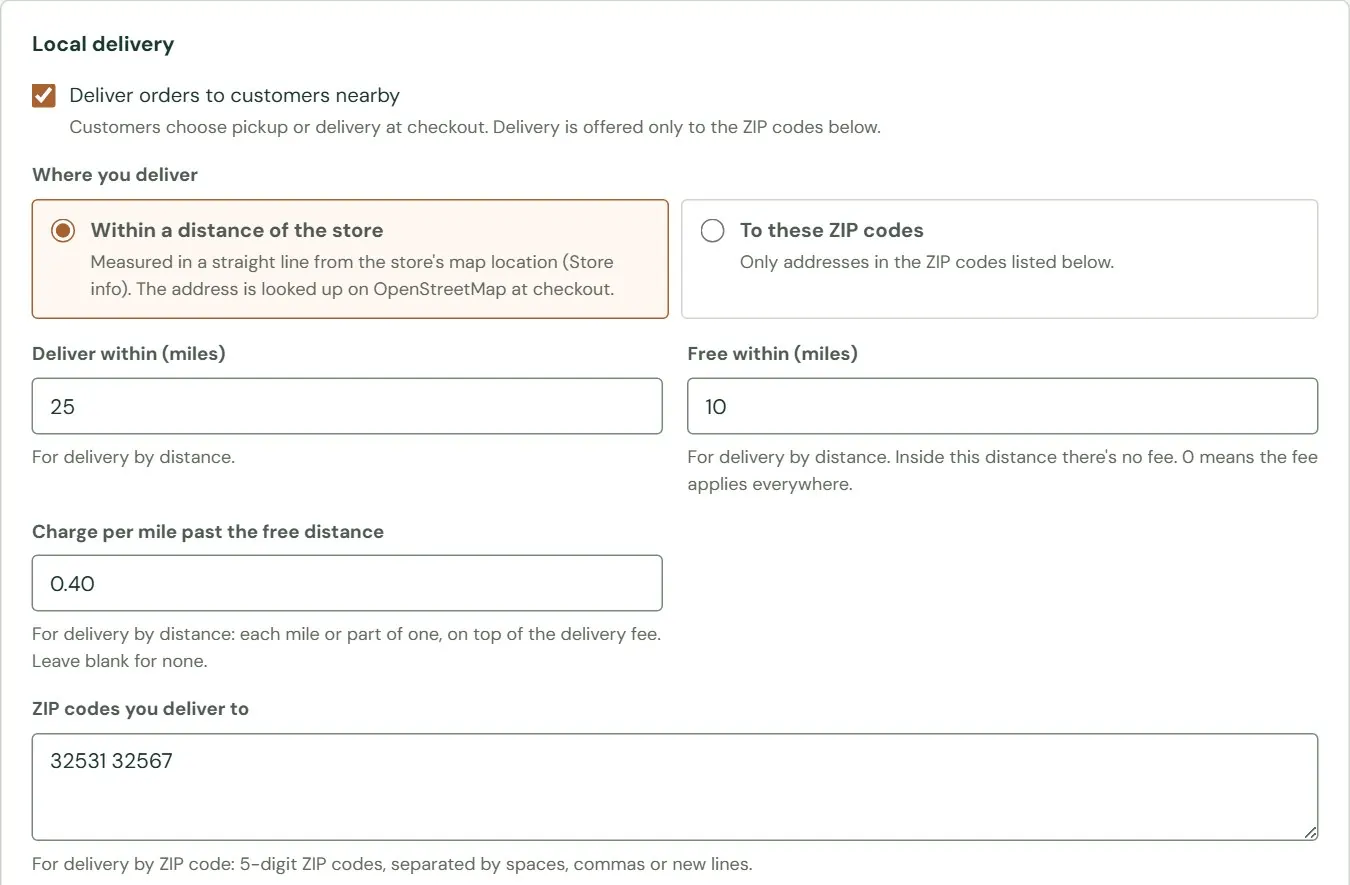 The top of the Delivery tab, set to deliver by distance.