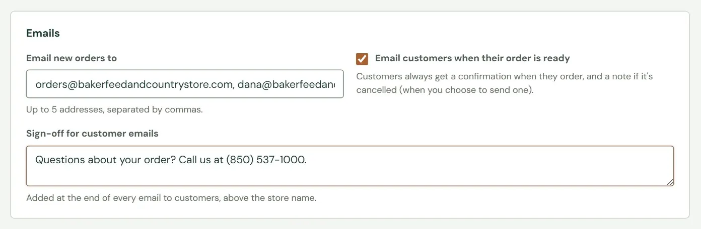 The Emails card of the Emails & policies tab. The addresses shown are examples.