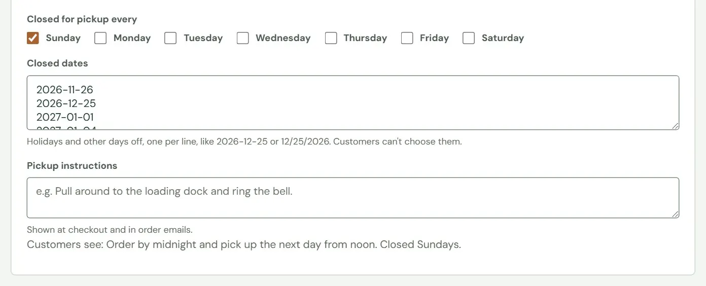 The Pickup tab: closed days and instructions.