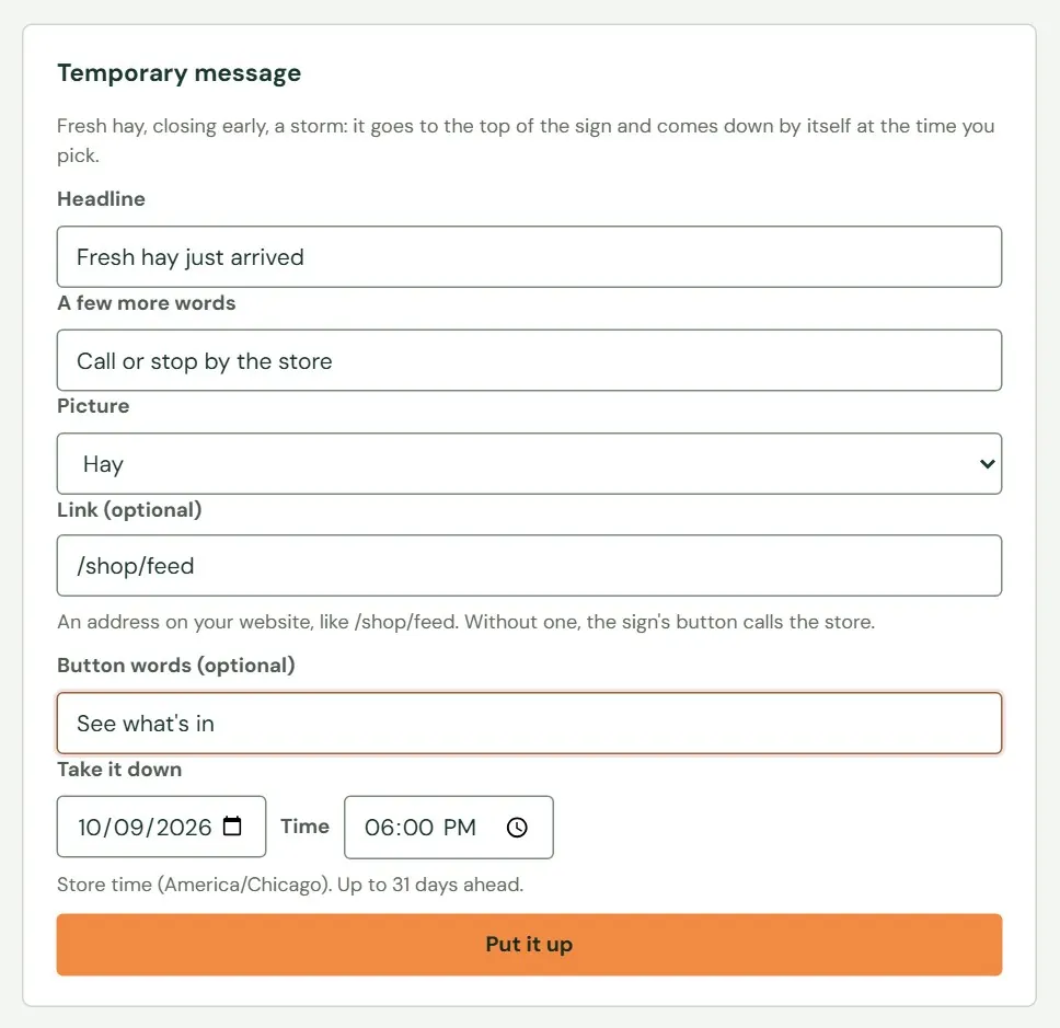 The Temporary message form, filled in.