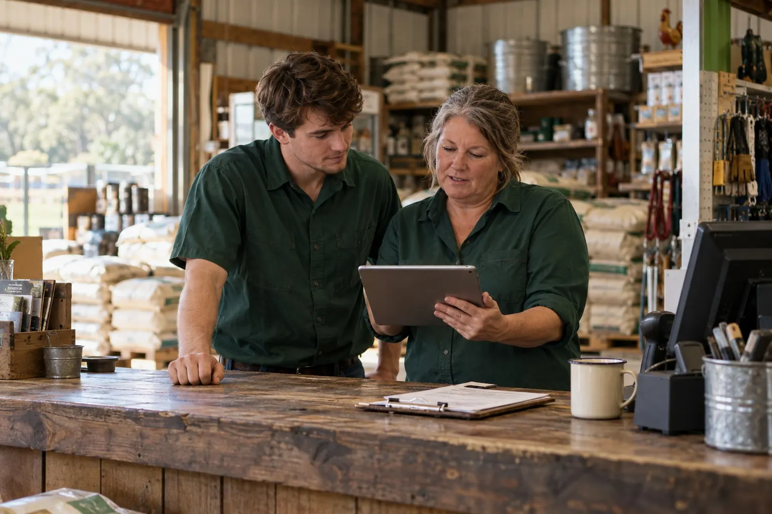 A store owner showing an employee something on a tablet at the counter.