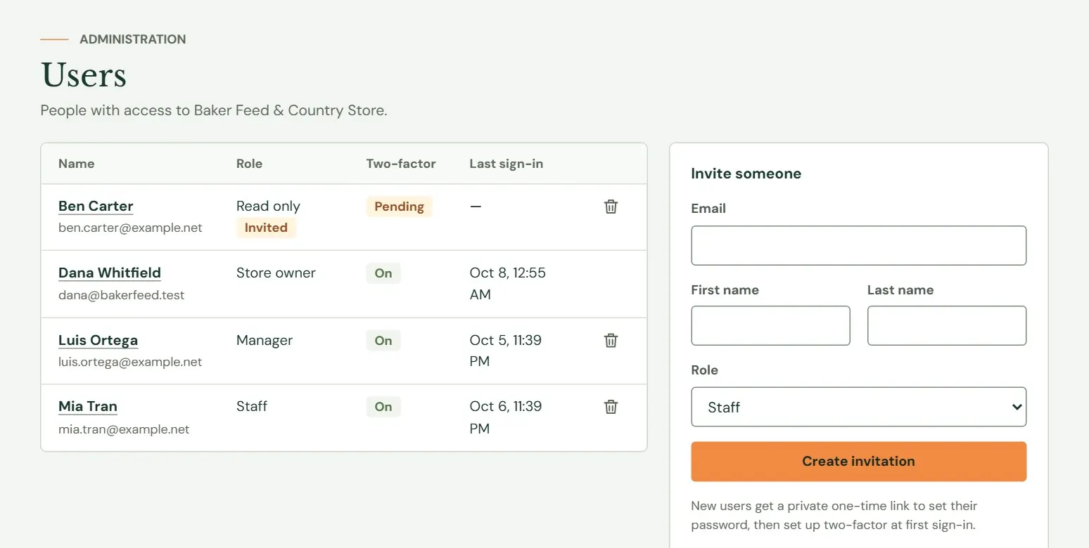 Users, with the form for a new person on the right.