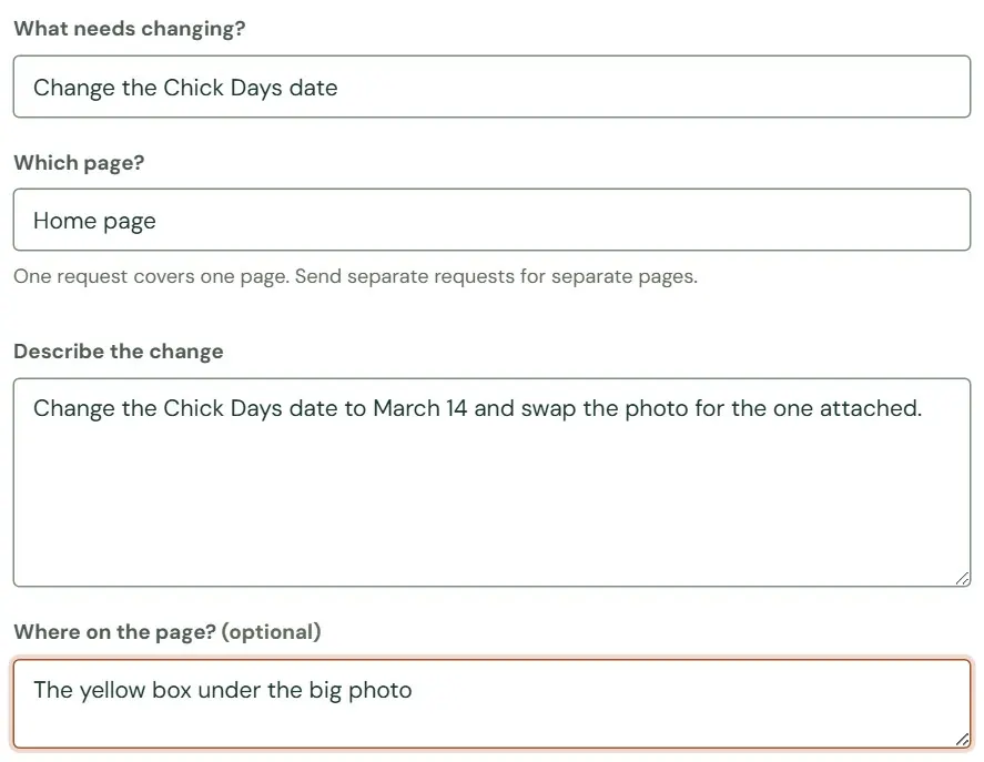 The top of the request form, filled in.