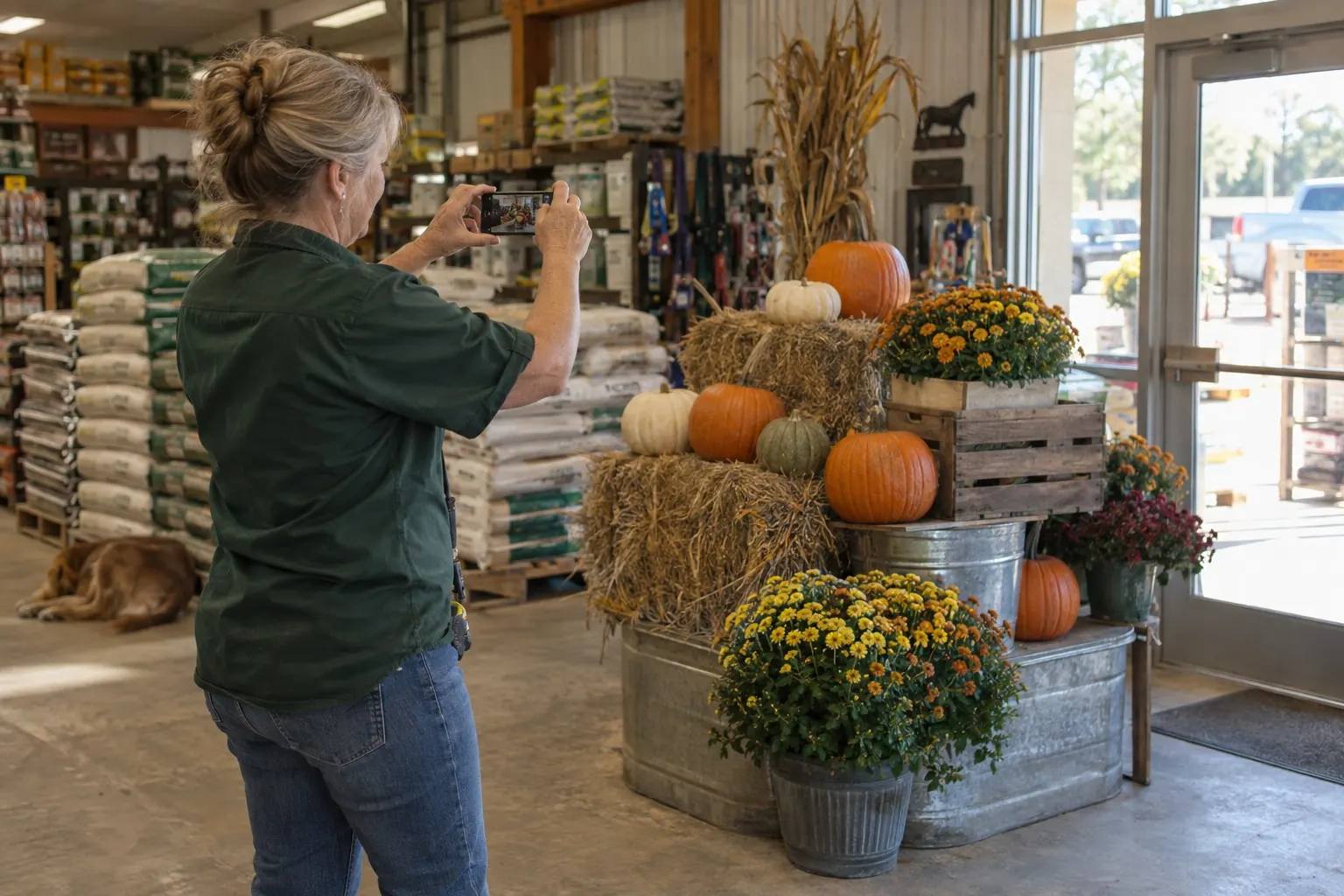 A store owner photographing a fall display of pumpkins and hay bales with her phone.
